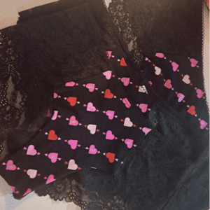 Victorias Secret: Pink: black lace underwear with pink and red hearts on front - M