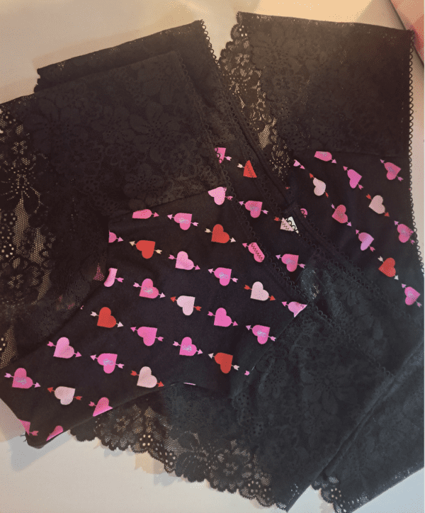 Victorias Secret: Pink: black lace underwear with pink and red hearts on front - M